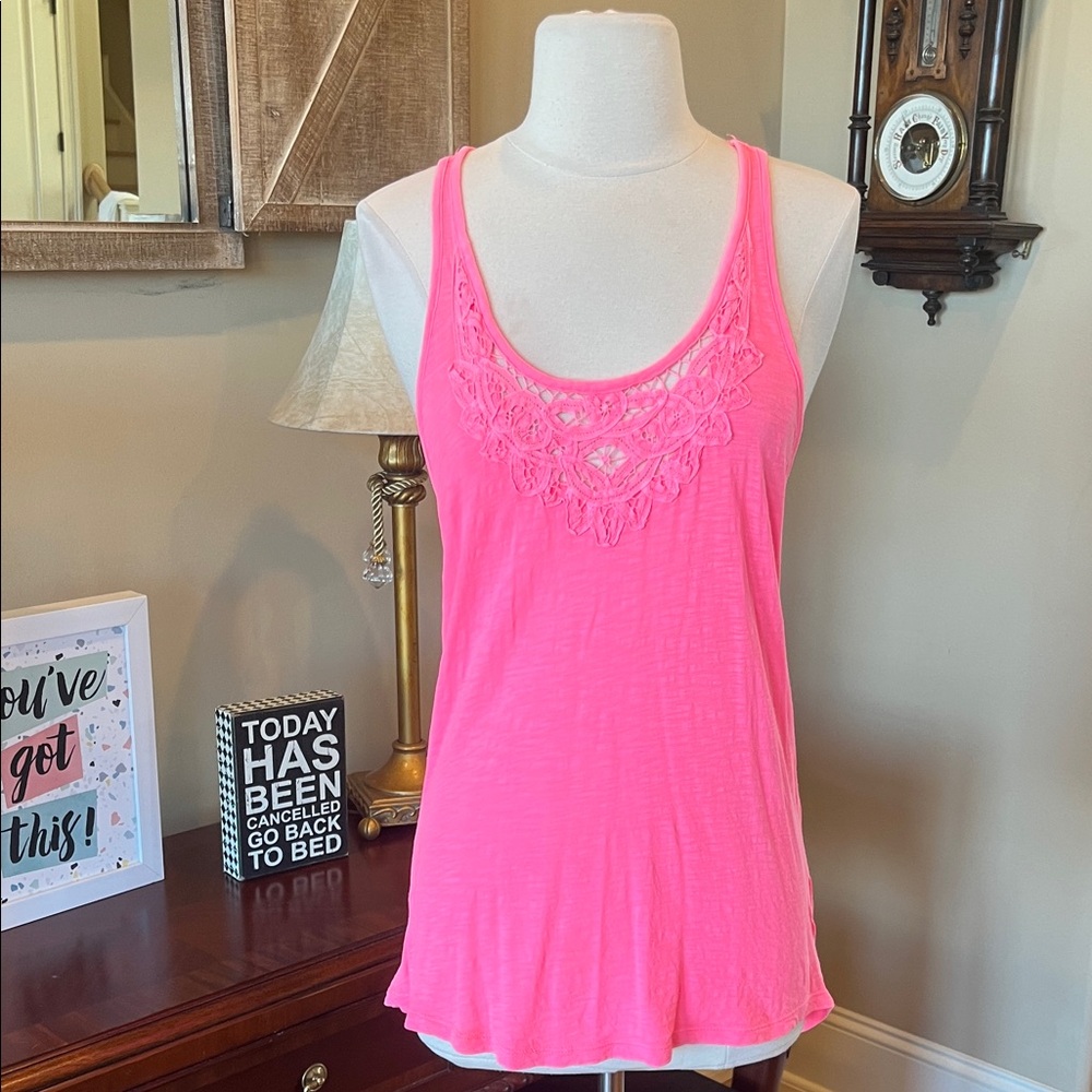Coral Pink Bright Embroidered Lace Tank Flowy Women’s Medium